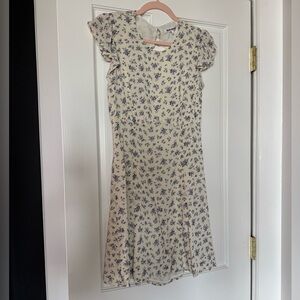 Reformation Idalia Blue Floral Print Dress with Open Back and Flutter Sleeves